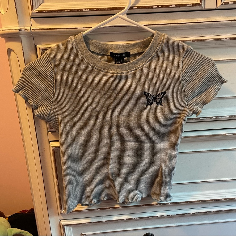 Ribbed Gray Crop Top with Butterfly Embroidery